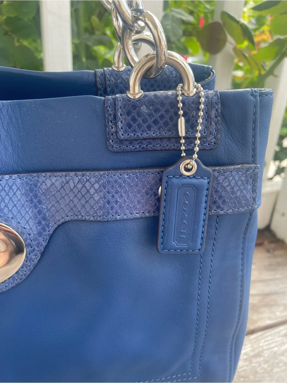 Coach Blue Leather-Trim Shoulder Tote with Turnlock